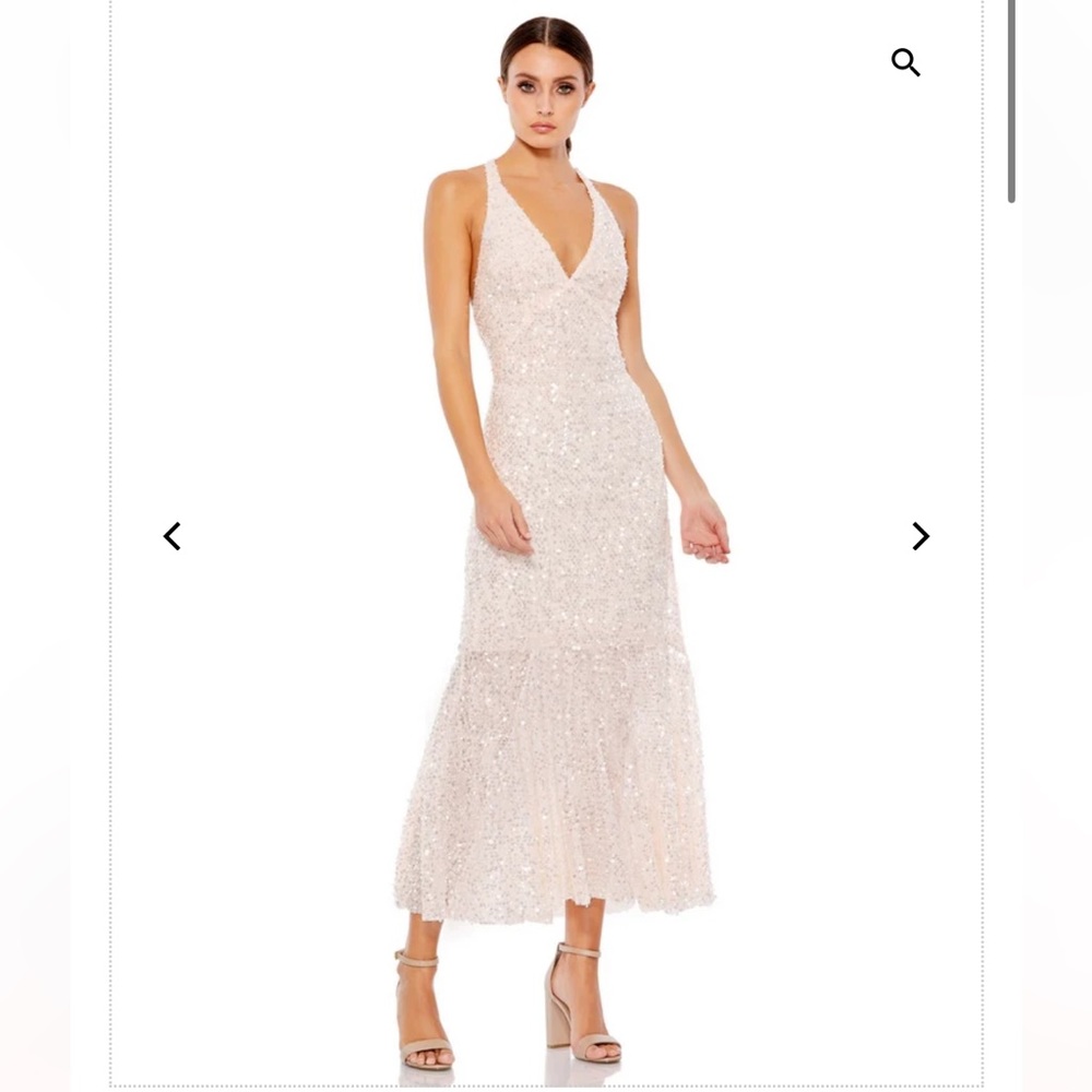 Mac Duggal V-NECK SEQUINED HALTER MIDI DRESS